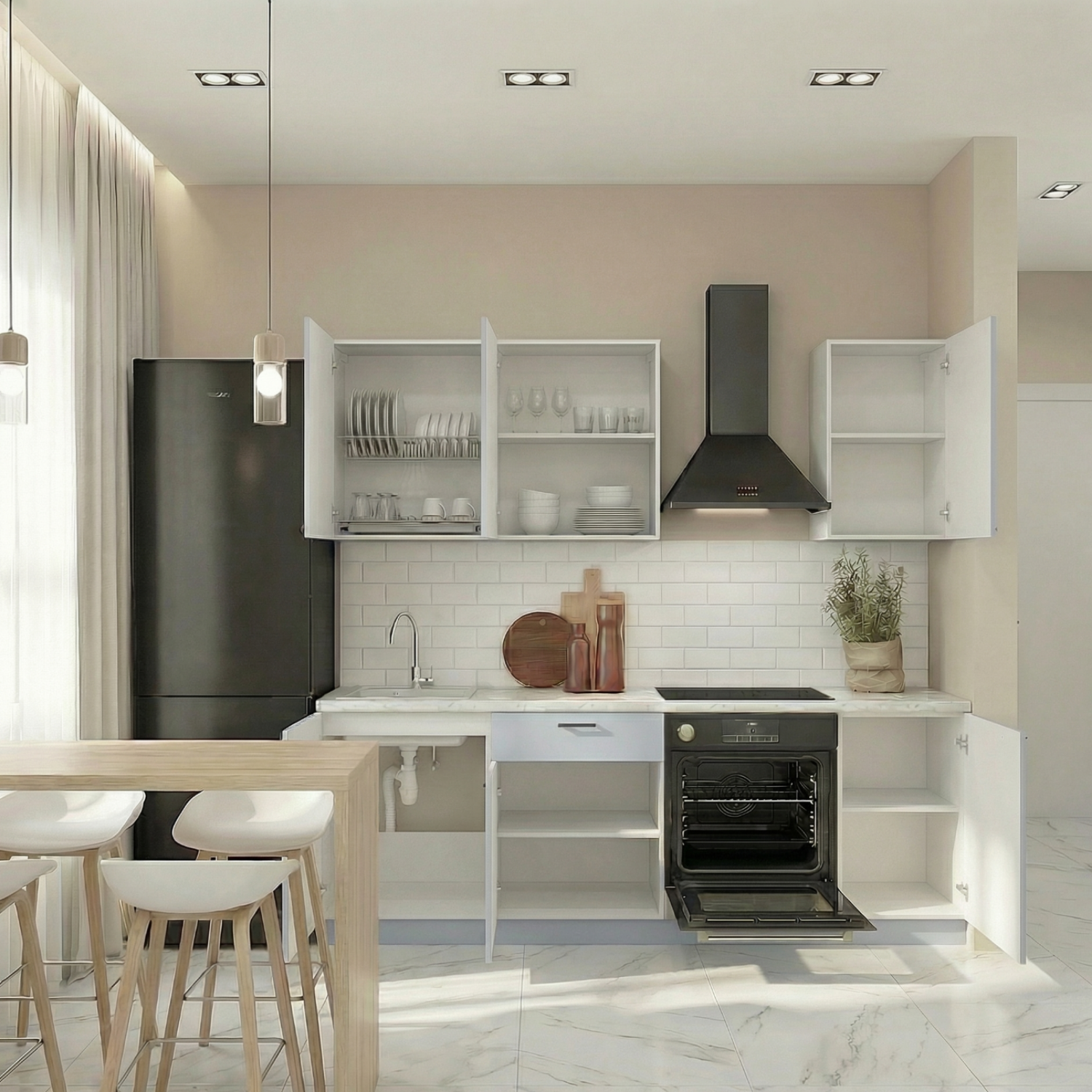 Кухонный гарнитур Рондо 2, 214x225x60 см, Светло-серый, правый