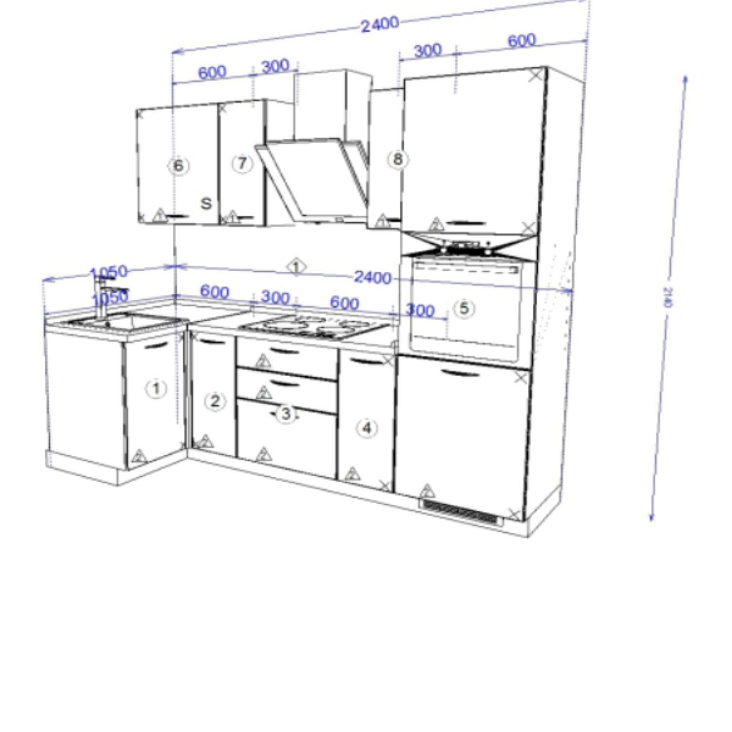 Кухонный гарнитур Рондо 10, 214x240x105x60 см, Дуб натуральный, Светло-серый, правый