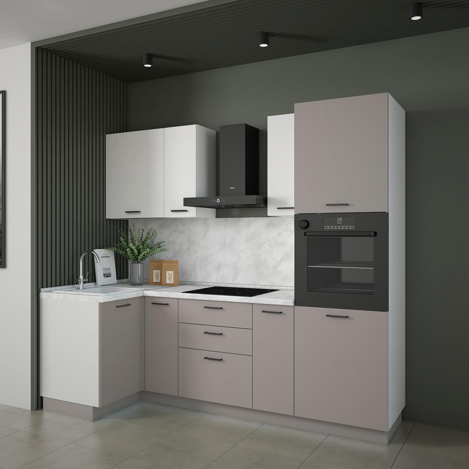 Кухонный гарнитур Рондо 10, 214x240x105x60 см, Белый, Серый камень, правый