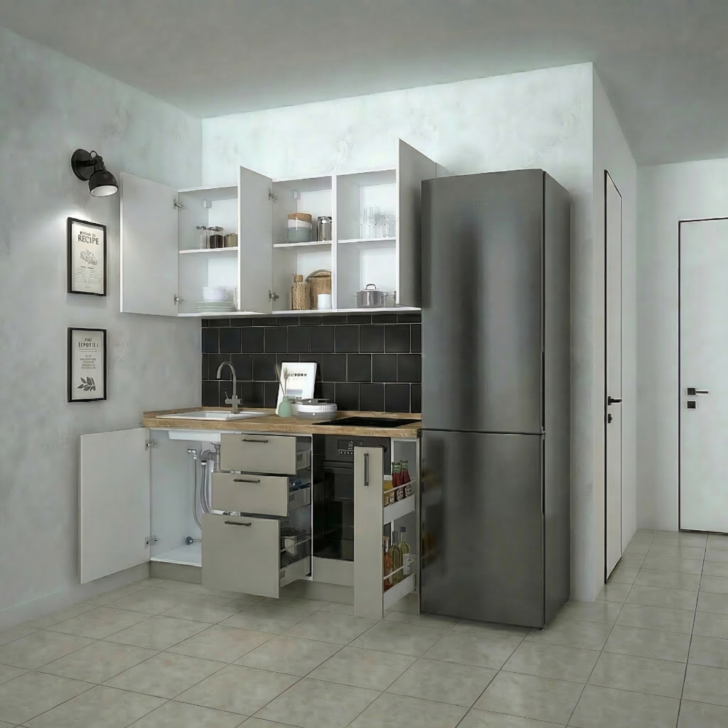 Кухонный гарнитур Рондо 4, 214x165x60 см, Серый камень, левый