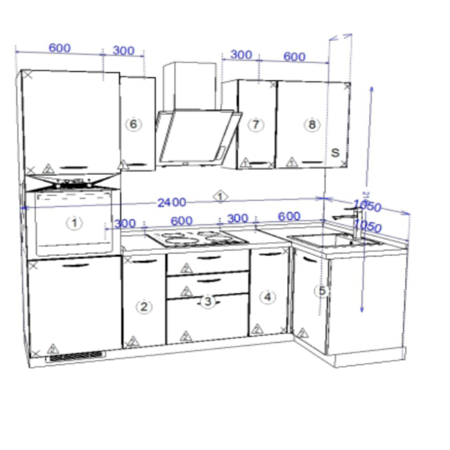 Кухонный гарнитур Рондо 10, 214x240x105x60 см, Серый камень, Белый, левый