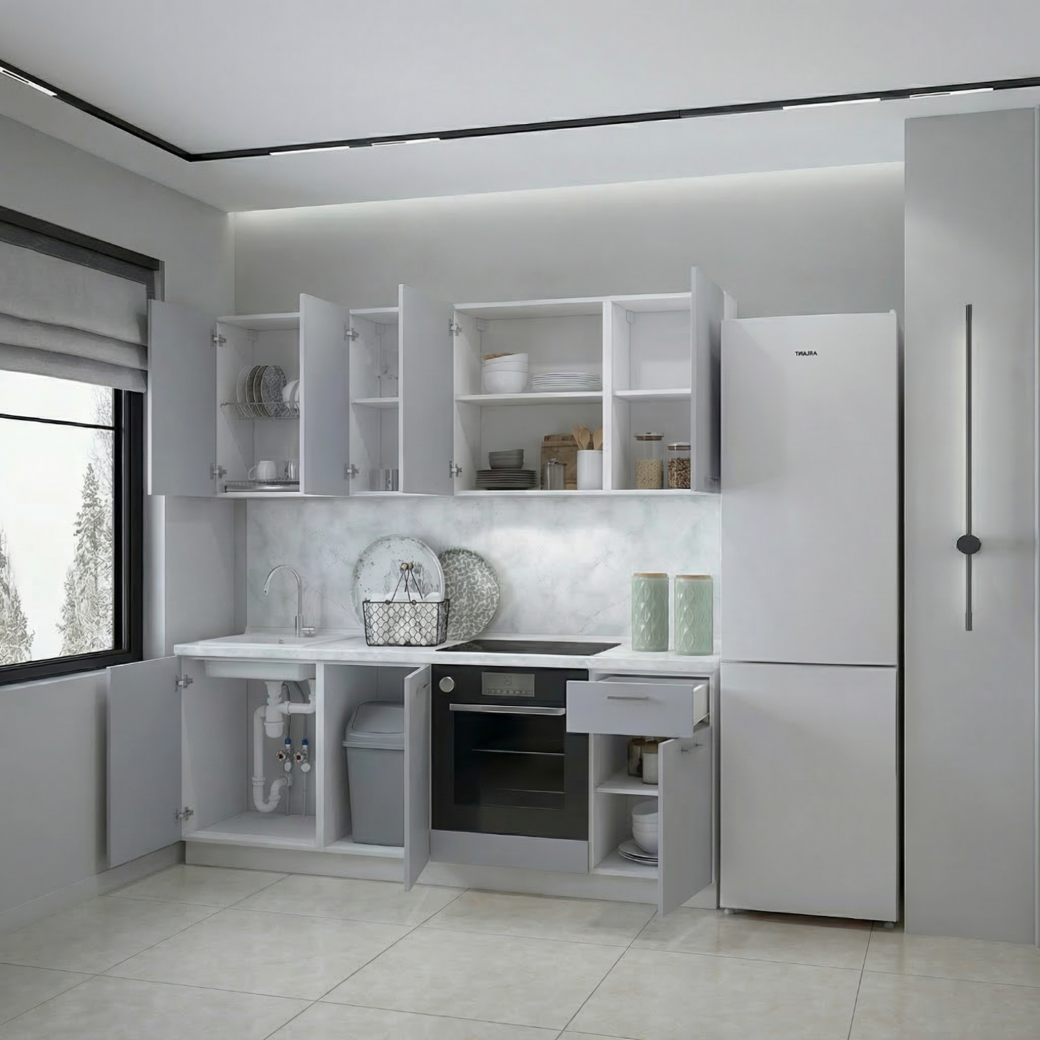 Кухонный гарнитур Рондо 3, 214x210x60 см, Светло-серый, правый