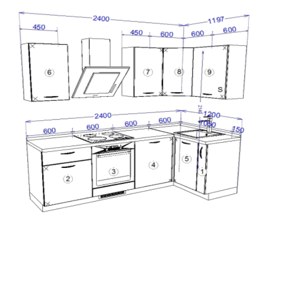 Кухонный гарнитур Рондо 11, 214х240х120х60 см, Светло-серый, левый