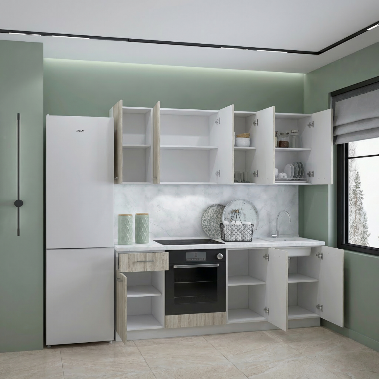 Кухонный гарнитур Рондо 3, 214x210x60 см, Дуб натуральный, левый