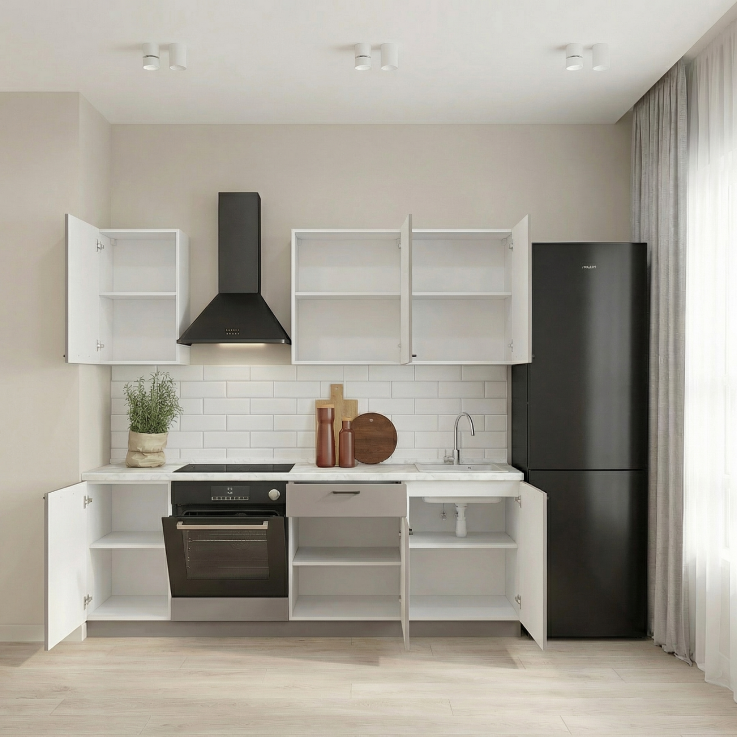 Кухонный гарнитур Рондо 2, 214x225x60 см, Серый камень, правый