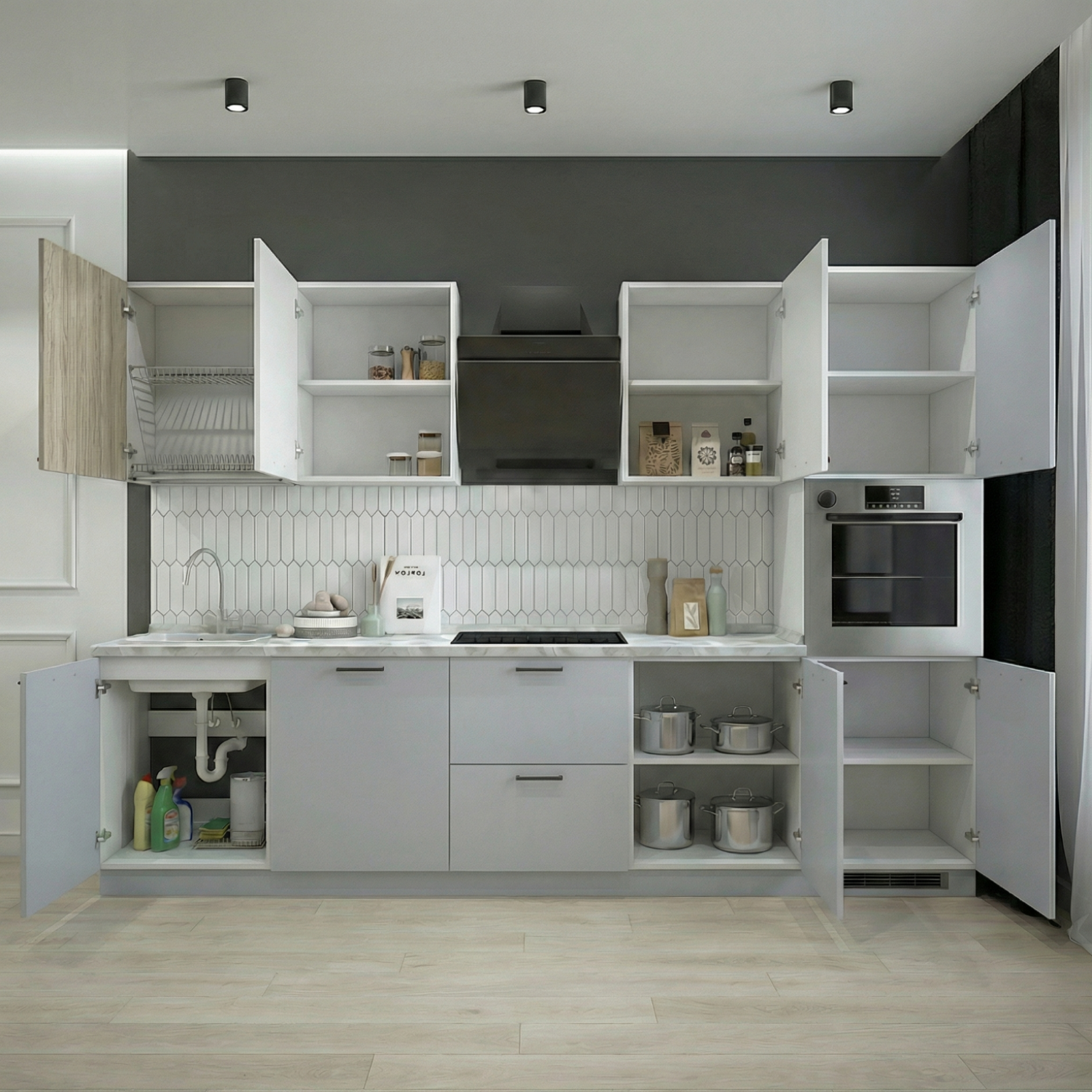 Кухонный гарнитур Рондо 1, 214x300x60 см, Дуб натуральный, светло-серый, правый