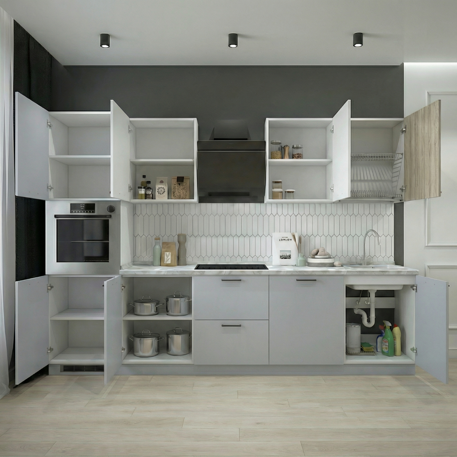 Кухонный гарнитур Рондо 1, 214x300x60 см, Дуб натуральный, светло-серый, левый