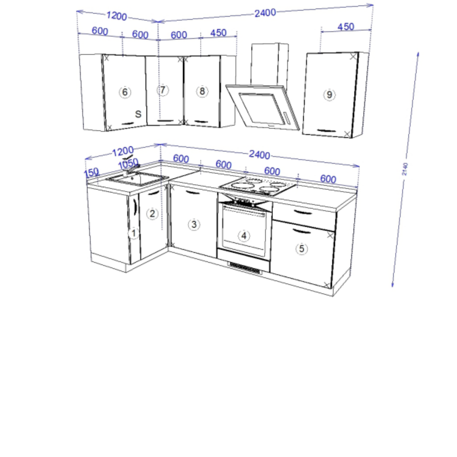 Кухонный гарнитур Рондо 11, 214х240х120х60 см, Серый камень, правый