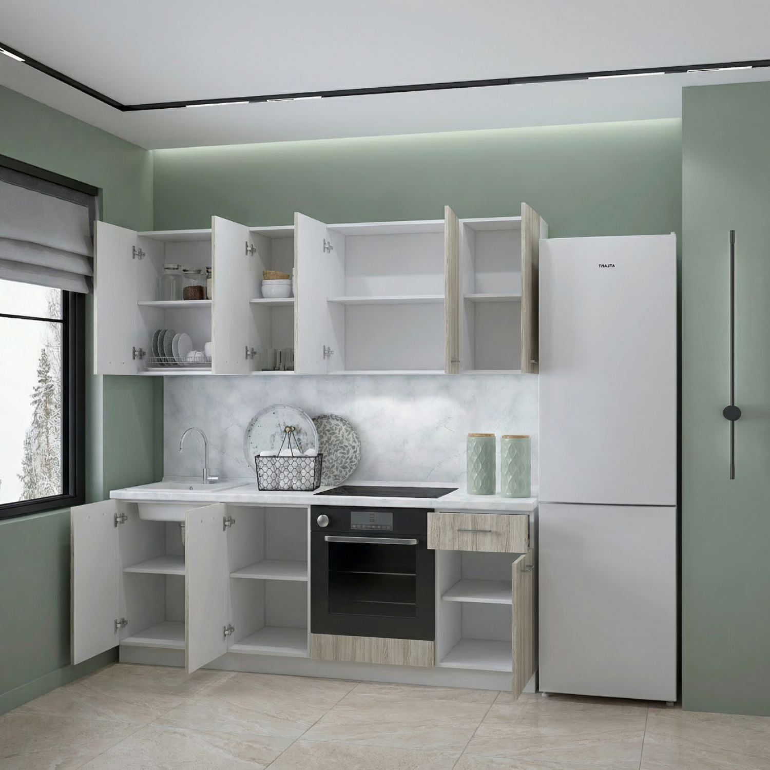 Кухонный гарнитур Рондо 3, 214x210x60 см, Дуб натуральный, правый