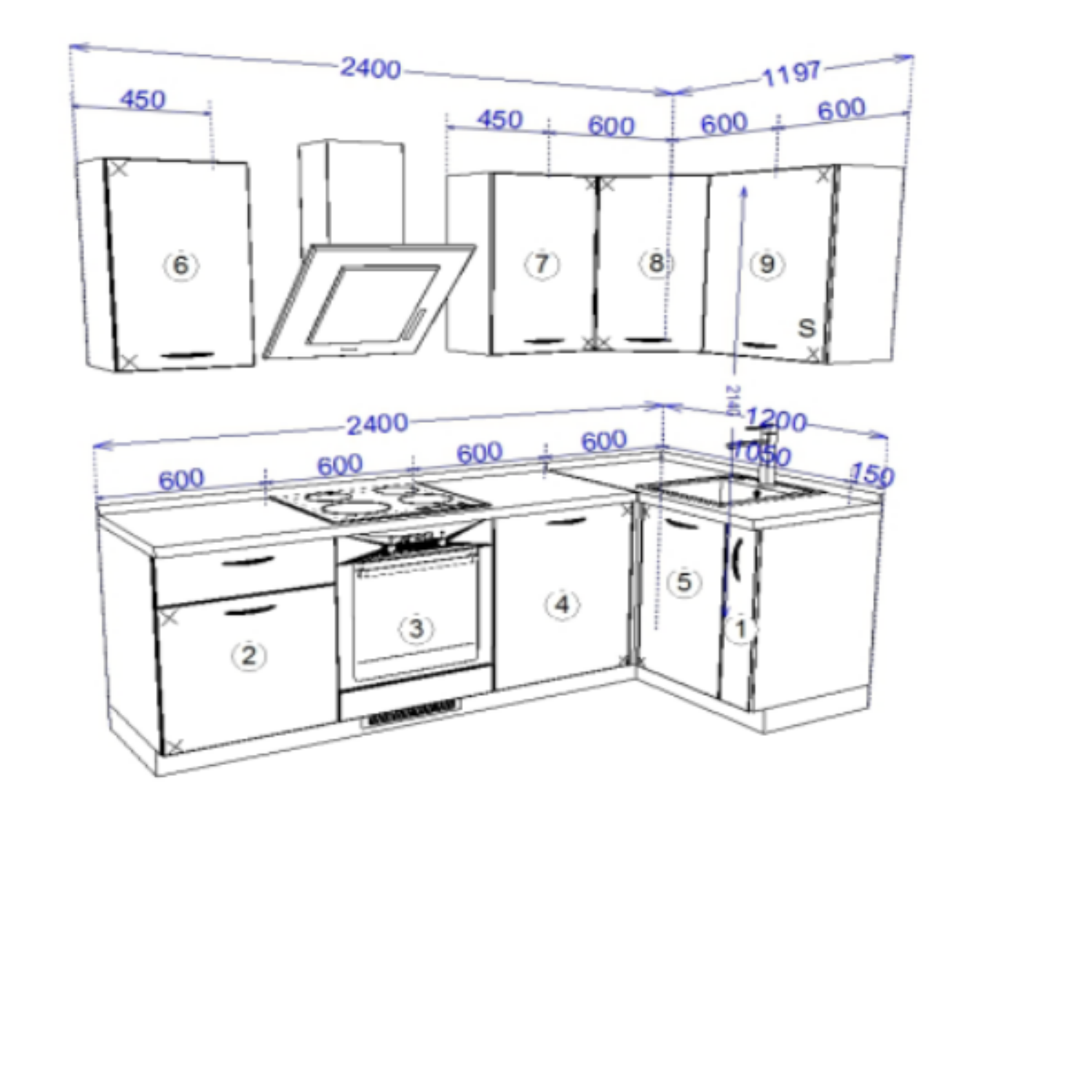 Кухонный гарнитур Рондо 11, 214х240х120х60 см, Серый камень, левый
