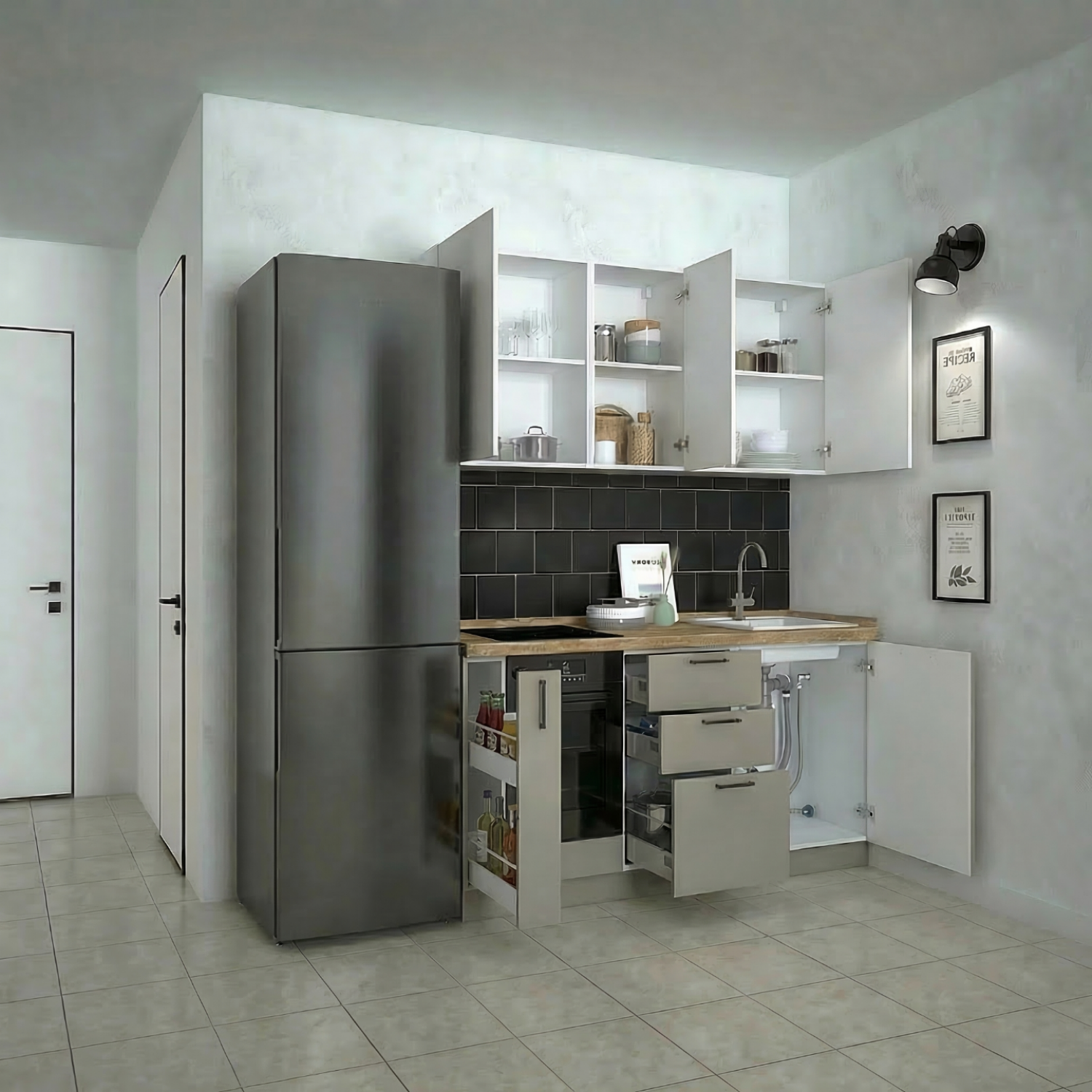 Кухонный гарнитур Рондо 4, 214x165x60 см, Серый камень, правый